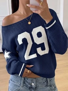 SHEIN Girlism 青少年女孩休閒數位提花針織秋季毛衣，極簡時尚，適合日常穿著，返校穿搭 - 藏蓝色 - 查看 3