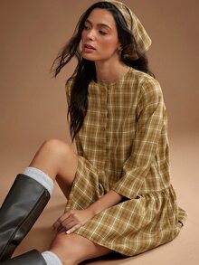 WESTFADE Button Front 3/4 Sleeve Plaid Babydoll Mini Dress & Matching Headscarf, Fall Winter 2026 Western Style Cowgirl Clothing, Rodeo, Female Country Look - Brown - View 1