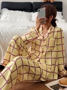 Napfluff Plaid Contrast Trim Lapel Open Front Long Sleeve Pants Pajama Set - Multicolor - View 1