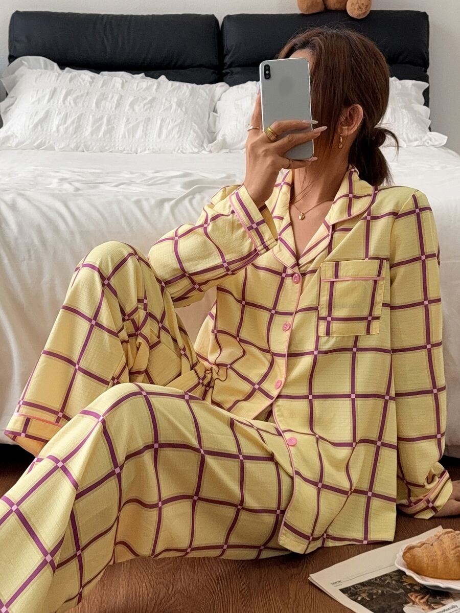 Napfluff Plaid Contrast Trim Lapel Open Front Long Sleeve Pants Pajama Set - Multicolor - View 1