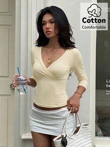 Aloruh Blue-Green V-Neck 3/4 Sleeve Slimming T-Shirt - Apricot - View 3