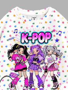 Young Girl Casual Cartoon K-Pop Girl Group Pattern, Dopamine Colorful Heart, Minimalist Loose Round Neck Long Sleeve Sweatshirt And Flare Pants 2-Piece Set, Suitable For Autumn/Winter, Street Retro Style, Comfortable And Relaxed, Children's Autumn Layering, Y2K, Sports Set, Outings, Street Photography, Campus, Chill - Multicolor - View 5