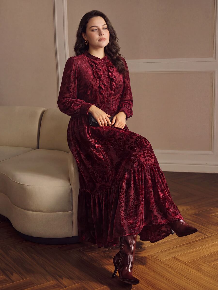 MOTF PREMIUM PLUS AUTUMN/WINTER ROMANTIC VELVET JACQUARD LONG SLEEVE DRESS - Burgundy - View 2