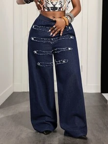 Slaydiva Celana Jeans Denim Wanita Kasual Serbaguna untuk Pemakaian Harian dengan Ujung Rumbai - Dark Wash - View 4