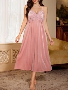 PalaceNights 2pcs Women's Heavy Embroidery Lace Velvet Robe & Camisole Dress Set - Pink - View 5