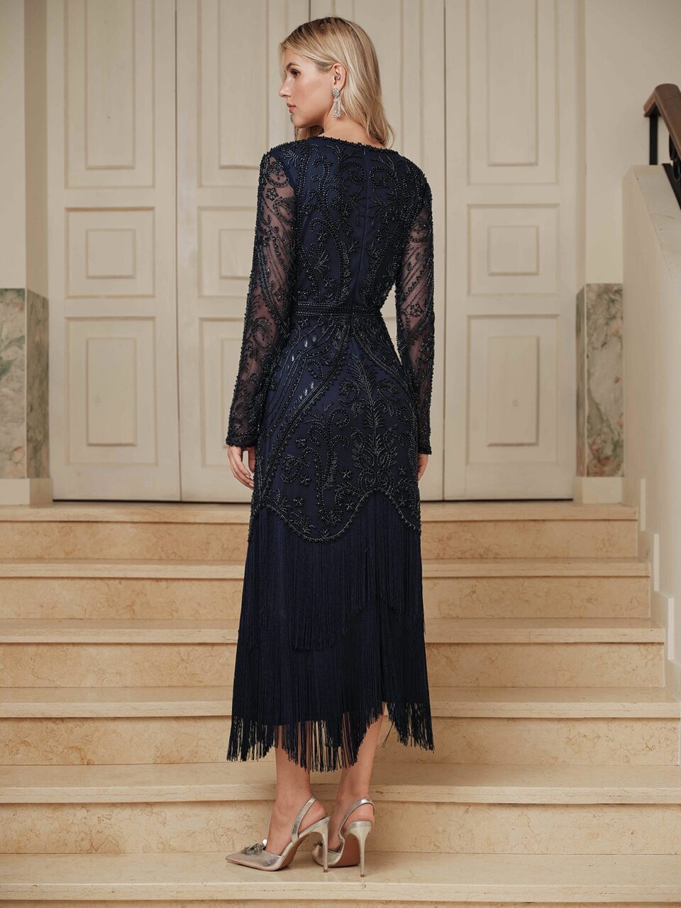 Anewsta Affair Women's Blue Elegant Dress, Party Dress With Sequins And Beads, Fashionable Gathering And Evening Gown, Women's Vacation Outfit, Long Tassel Dress