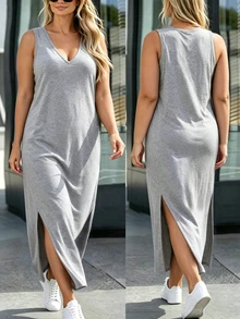 Silhoulove Gaun Tank Kasual Wanita Ukuran Plus Warna Polos Leher V dengan Belahan Samping di Bagian Bawah - Light Grey - View 1