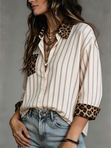Franclia Women's Plus Size Leopard Print Patchwork Striped Shirt - Multicolor - View 5