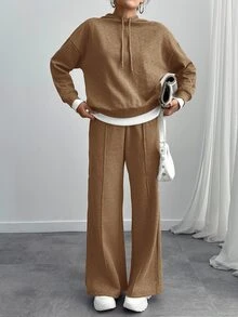 SHEIN طقم قطعتين للنساء: سويت شيرت بغطاء رأس من القطن البني بحجم صغير & بنطال رياضي فضفاض - شوكولاته بني - مشاهدة 5