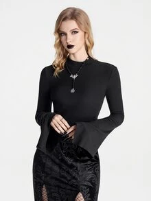 Breakform Women's Gothic Dark Style Half-High Neck Asymmetrical Flared Long Sleeve T-Shirt, Autumn/Winter Thick Ribbed Knit Slim Fit Flattering Versatile Base Layer T-Shirt - Black - View 5