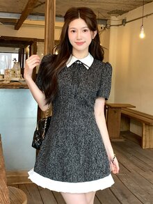 Dazy Tall Gaun Kasual Wanita Motif Blok Warna untuk Harian, Musim Panas, Perjalanan, dan Musim Gugur - Dark Grey - View 4
