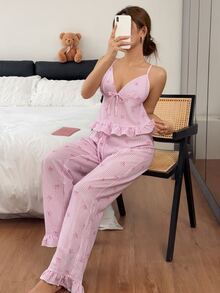 Napfluff Fashion Striped Bow Print V-Neck Frill Trim Camisole & Long Pants Pajama Set - Hot Pink - View 5