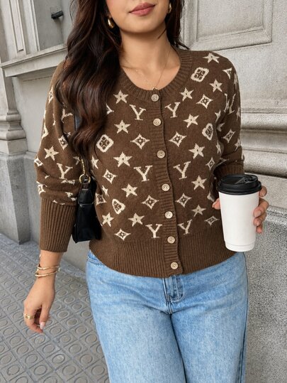 Vionelle Plus Size Women's Vintage Coffee Color Pentagram Letter Jacquard Simple Elegant Long Sleeve Knit Front Button Cardigan, Suitable For Daily Commute/Casual Home/Vacation Travel Loose Versatile Sweater Cardigan