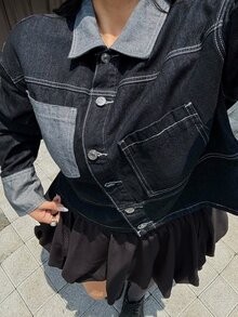 Rivivi Plus Size Women Non-Stretch Denim Long Sleeve Jacket, Contrast Color Textured Premium Fit Denim Jacket, Cowboy Outfits For Women - Dark Wash - View 6
