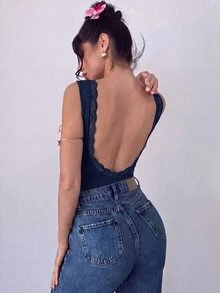 Firerie Women's Solid Color Backless Slim Fit Versatile Daily Wear Bodysuit - Navy Blue - View 4