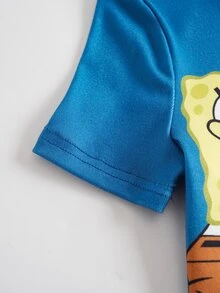 SpongeBob SquarePants | SHEIN Conjunto de ropa de estar en casa para niño pequeño con estampado de dibujos animados, top y pantalones de ajuste ceñido - Azul - Ver 4