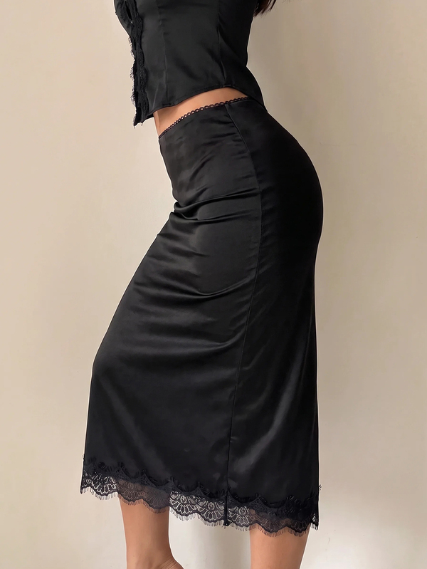 SHEIN ICON Women's Formal Sexy Party Satin Black Lace Patchwork Casual Versatile Daily Wear Skirt
