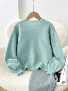 SHEIN 兒童青少年女孩寬鬆休閒極簡舒適圓領長袖繫帶蝴蝶結波點開襟衫 秋冬返校季 - 薄荷綠 - 查看 2