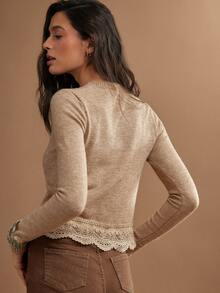 WESTFADE Button Front Long Sleeve Lace Hem Cardigan Sweater, Fall Winter 2026 Western Style Cowgirl Clothing, Rodeo, Female Country Look, Autumn, Festival - Khaki - View 3