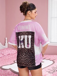 HELLO KITTY AND FRIENDS | SHEIN Women's V-Neck Letter Cartoon Graphic Casual Daily T-Shirt - Brown - View 2