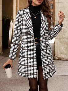 Editum Women's Houndstooth Casual Daily Overcoat - Coffee Brown - View 3