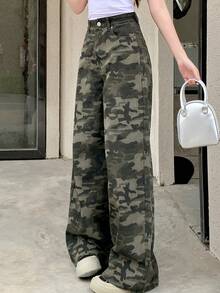 Dazy Tall Women's Camouflage Print Button Street Casual Denim Jeans Summer Everyday Going Out Forest Green - Army Green - View 6