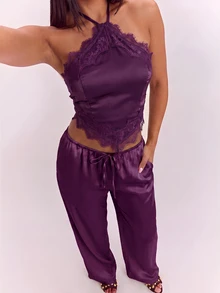 SHEIN BAE 優雅性感蕾絲拼接露背掛脖上衣與長褲套裝 - 中紫紅色 - 查看 1