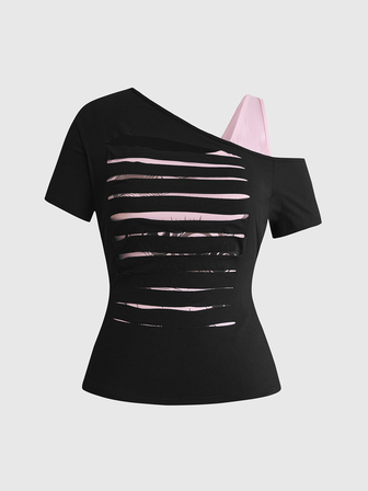 Grunge Punk Camiseta Talla Grande Punk Oscuro 2 en 1 Ajustada con Diseño de Borde Desgastado y Roto