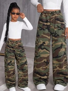 SHEIN 青少年女孩迷彩牛仔寬鬆長褲 - 軍綠色 - 查看 4