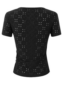 SHEIN LUNE Kaos Wanita Kasual Musim Panas Warna Polos Bertekstur Model Wrap - Hitam - View 2