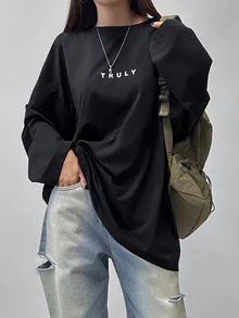 DAZY 女款字母印花休閒百搭長袖T恤，適合日常穿著，秋季寬鬆大版女式T恤 - 黑色 - 查看 4