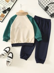 SHEIN Jungen Herbst/Winter Fleece Kinder gebürstet dick kleiner Stehkragen Ärmel Vordertasche einfarbig Sweatshirt und Hose 2-teiliges Set, Trainingsanzug - Verschiedenfarbig - Übersicht 2