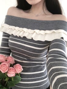 DAZY Women's Off-Shoulder Ruffle Trim Long Sleeve Sweater, Autumn/Winter - Grey - View 3