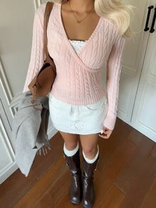 Autumina French Gentle Style Pale Pink Twisted Rope Wrap V-Neck High Waist Cropped Sweater For Women - Pink - View 6