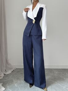 Elenzga Autumn Commute 2 Pieces Set Striped Patchwork Elegant Office Wear Women's 2 Pieces Set - Blue - View 6