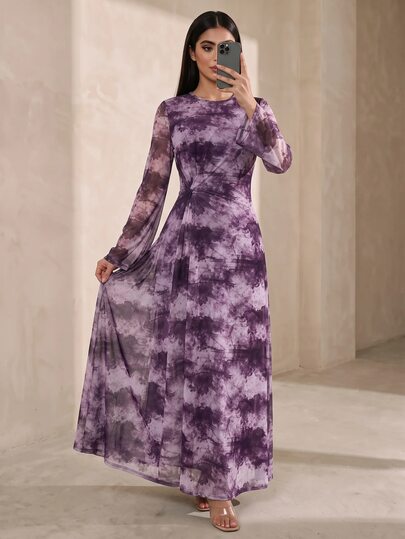 Veilorie Women's Tie-Dye Ruched Waist Arabian Dress