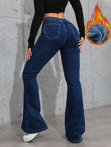 SHEIN ICON 女款鈕扣休閒百搭日常穿著喇叭牛仔褲 - 深色水洗藍 - 查看 2