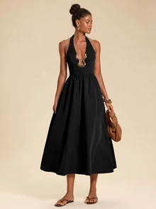Travachic Elegant Sexy Backless Halter Neck Dress Night Out Vacation Black And Silver Summer - Black - View 4