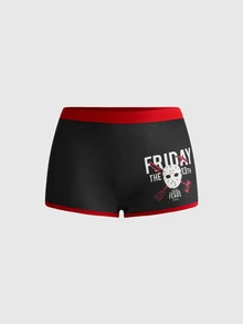 Friday the 13th X ROMWE Friday The 13th Horror Movie Print Women's 3-Piece Lingerie Set, Wireless Camisole Bra, Thong And Hipster Panties - Black - View 3