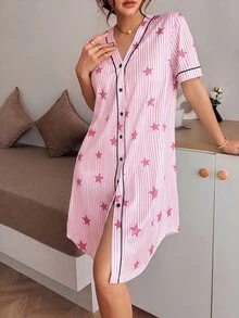 Napfluff 美式休閒星星印花V領開襟短袖女款睡裙 - 粉色 - 查看 3