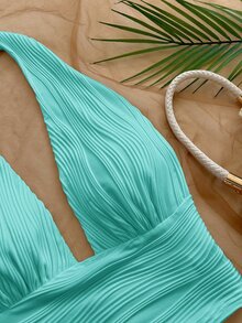 Soleia Women's Solid Color Textured Deep V-Neck Sexy Halter Tank Top - Mint Green - View 4