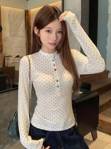 DAZY 女款波點印花鈕扣半開襟長袖休閒T恤 - 白色 - 查看 6