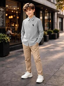 SHEIN 1件兒童青少年男孩黑白條紋單排扣短袖紋理休閒條紋領襯衫，秋冬款，休閒學院風，舒適時尚，簡約實用百搭，可愛柔軟，適合日常穿著、上學、旅行、海邊度假 - 黑色 - 查看 4