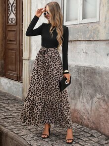 Brillora Women's Round Neck Long Sleeve Patchwork Leopard Print Ruffle Hem Elegant Dress, Winter Dress, Going Out,Black And Leopard Print Patchwork,Fall/Winter - Multicolor - View 2