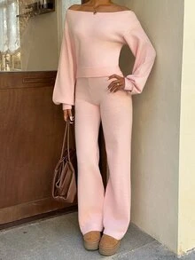 Autumina Setelan 2 Potong Sweater Off-Shoulder dan Celana Panjang Modis untuk Wanita - Berwarna merah muda - View 4