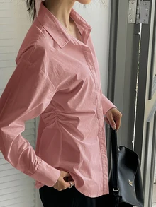 DAZY 新款秋季商務休閒法式優雅收腰領口襯衫 女款辦公室柔粉色 - 粉色 - 查看 7