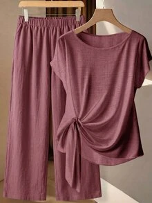 SHEIN Clasi 女款夏季度假百褶上衣與寬腿褲套裝 - 粉色 - 查看 1