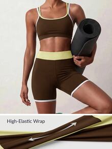 Zivah Women's Contrast Trim Cropped Camisole Tank Top & Shorts Sportswear Set Gym Workout Activewear Outfit For Autumn - Brown - View 5