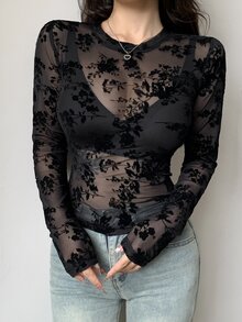 Dazy Tall 女款圓領長袖網紗花卉底層上衣 秋季 - 黑色 - 查看 6