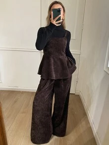 DAZY Women's Corduroy Cami Top And Loose Straight Leg Pants Elegant Two Pieces Set - Burgundy - View 2